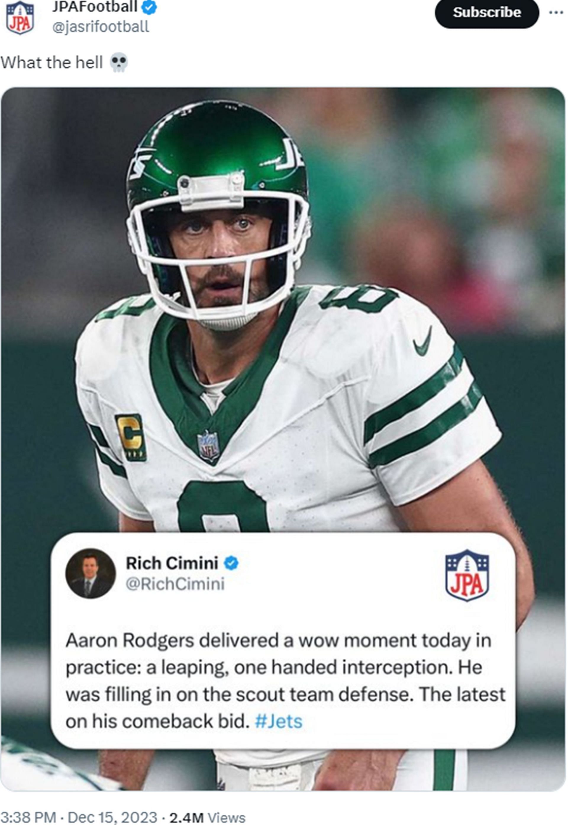 Rich Cimini reports spectacular interception by Aaron Rodgers